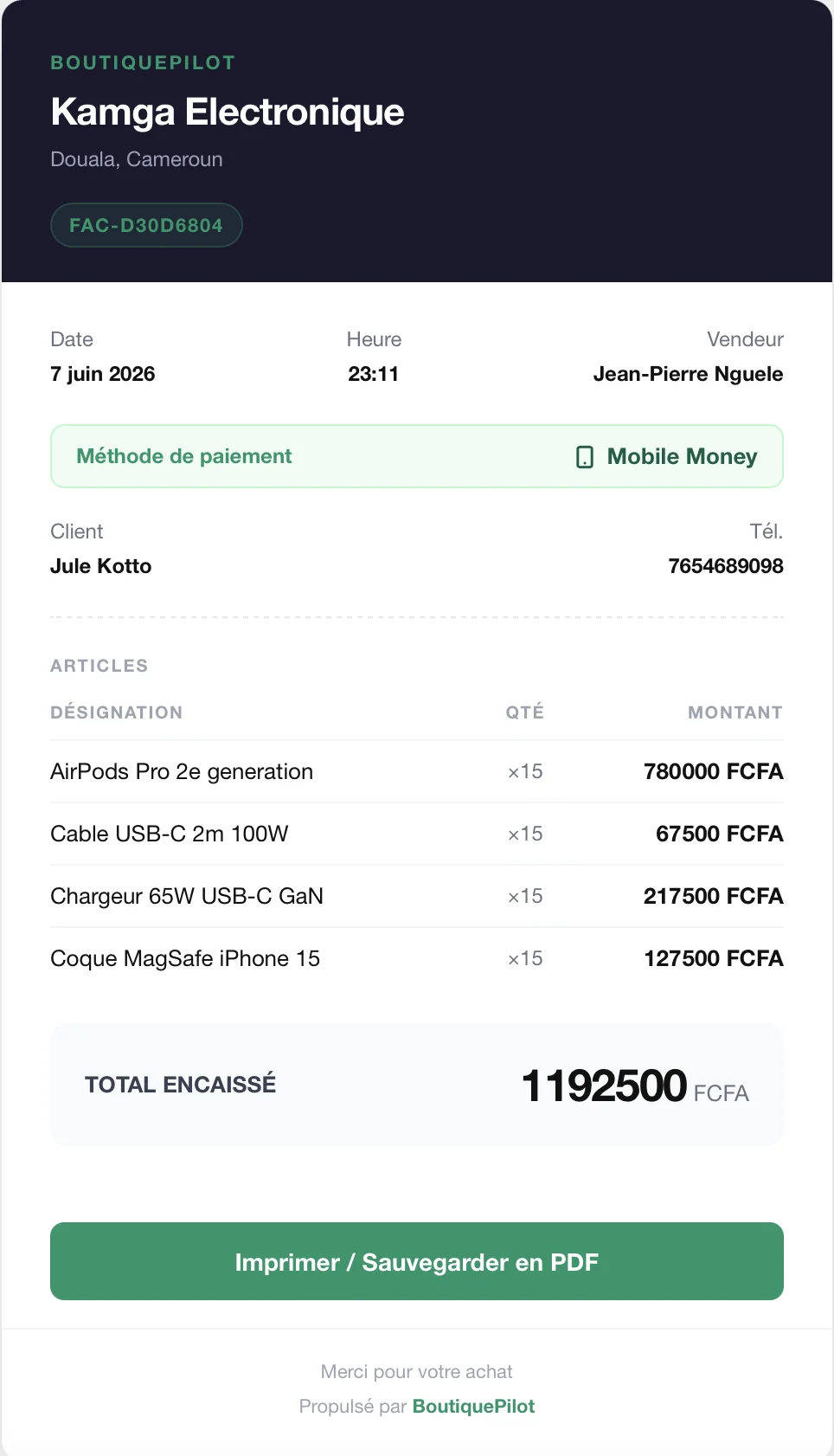 Exemple de facture PDF generee automatiquement par BoutiquePilot en FCFA au Cameroun